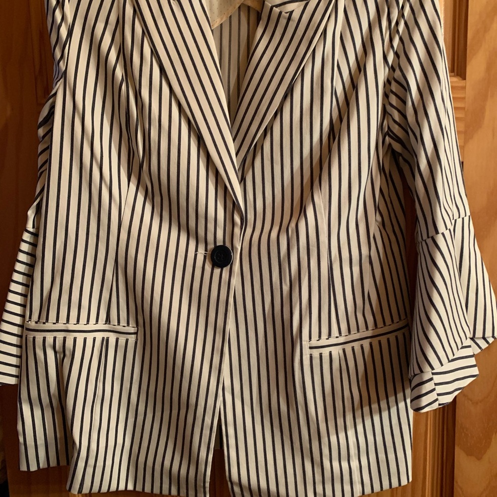 Cabi blazer jacket, flare arm, white and navy striped, size 10